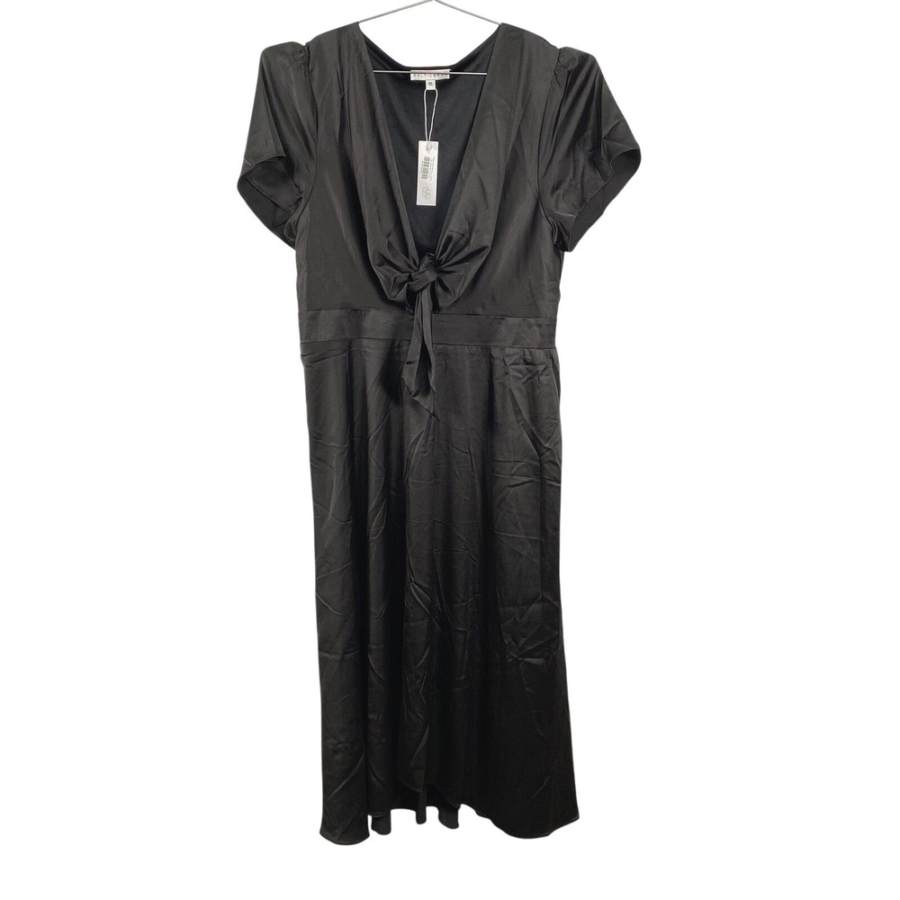 Baltic Born Dress Womens XL Black Poppy Satin Midi Tie Front‎ Short Sleeve Lined